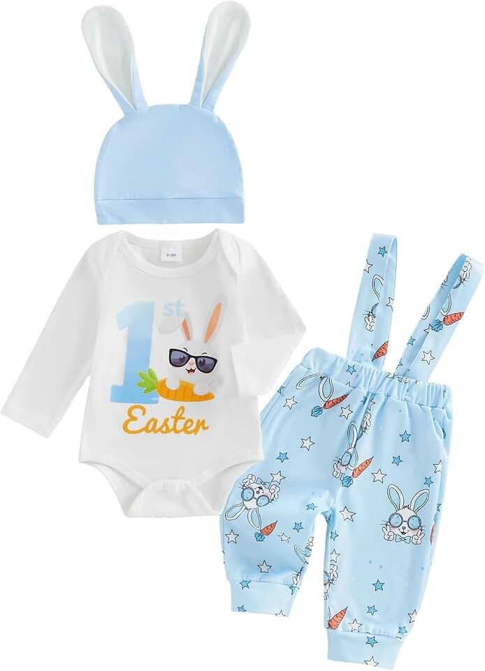 Baby Jungen Erstes Ostern Outfit Kaninchen Brief Druck Langarm Strampler Tops Strapshose Set Bunny Hut Neugeborene Frühling Herbst Kleidung