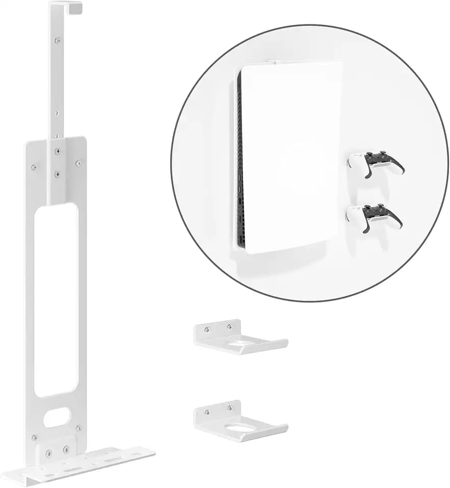 Upgraded Adjustable Console Holder Wall Mount for PS5: Black Gaming Stand for PlayStation 5/PS5 Slim/Pro Digital Disc Edition With 2 Controller Kits White