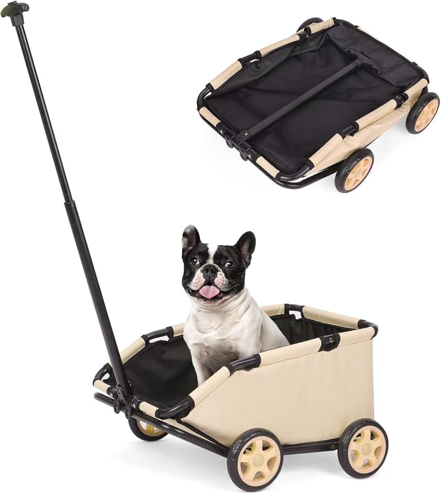 Mini-Hundewagen für Mini-Haustiere, faltbarer multifunktionaler Einkaufswagen mit ausziehbarem Ziehgriff, Doggie Wagon eingebautem Kissen und Sicherheitsseil mit Aufbewahrungstasche (Khaki)