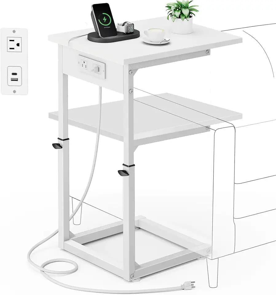Vagusicc C Shaped End Table with Charging Station, C Table End Table Adjustable Height Sofa Table, Side Table for Couch, Couch Table that Slide Under, TV Tray Arm Table for Living Room,Bedroom, White