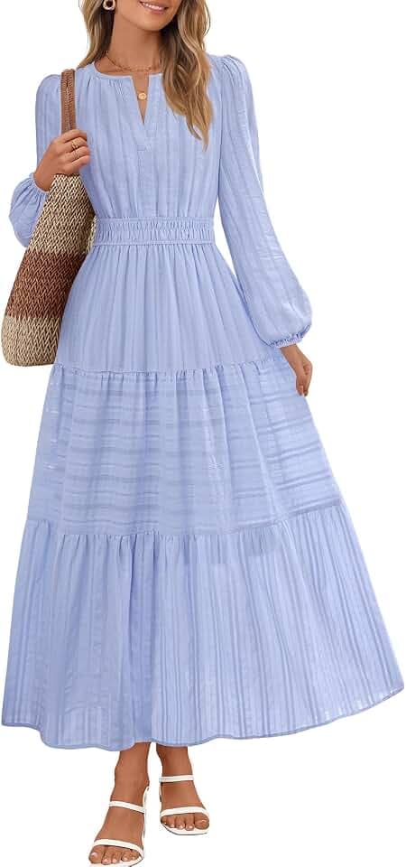 MEROKEETY Womens Fall Puff Long Sleeve Casual V Neck Modest Midi Maxi Dress