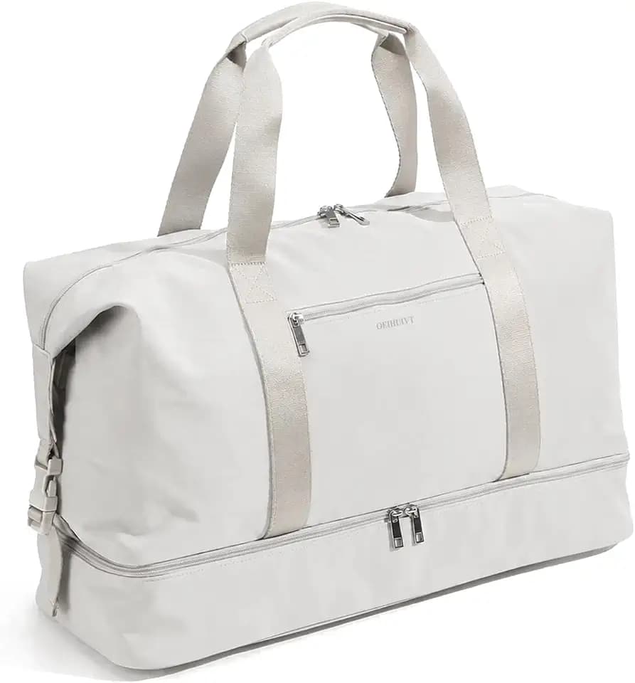 Oeihuivt Weekender Bags for Women - 21 Inch Large Travel Duffel Bag Set with Shoe Compartment, Nylon Carry On Overnight Tote Beige