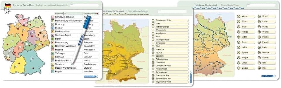 Ich kenne Deutschland - 1. Bundesländer & Landeshauptstädte, 2. Flüsse, 3. Gebirge im Set: Für die 3. bis 5. Klasse - 3 stabile wiederbeschreibbare ... ohne zu schmieren und ohne Farbrückstände.