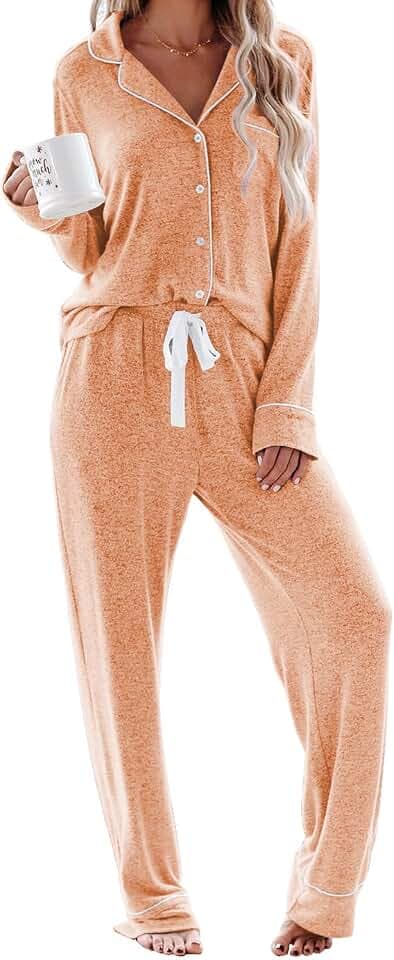 Aamikast Schlafanzug Damen Lang Pyjama Sets mit Knopfleiste Zweiteiliger Nachtwäsche Hausanzug