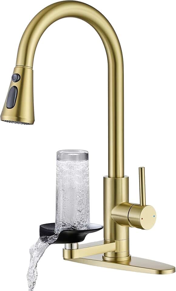 Kitchen Faucet with Glass Rinser Single Handle Pull Down Kitchen Sink Faucet with Cup Washer 1 or 3 Hole Glass Rinser Faucet for Kitchen Sink, Brushed Gold