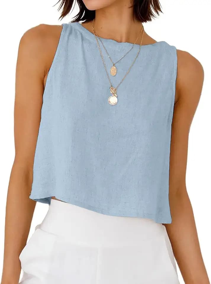 Women Linen Cropped Tank Tops Spring Summer Sleeveless Casual Cute Beach Tops
