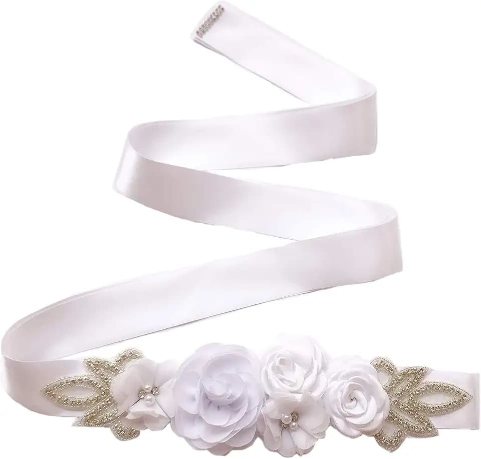 Lauthen.S Sash Belt with Flowers Pearls Rhinestone for Wedding Bride/Baby Shower Dress