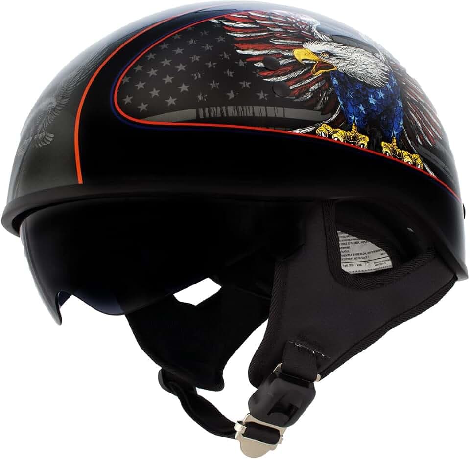 Hot Leathers HLD1037 Gloss Black Up Wing Eagle USA Advanced DOT Unisex Half Helmet w/Drop Down Visor