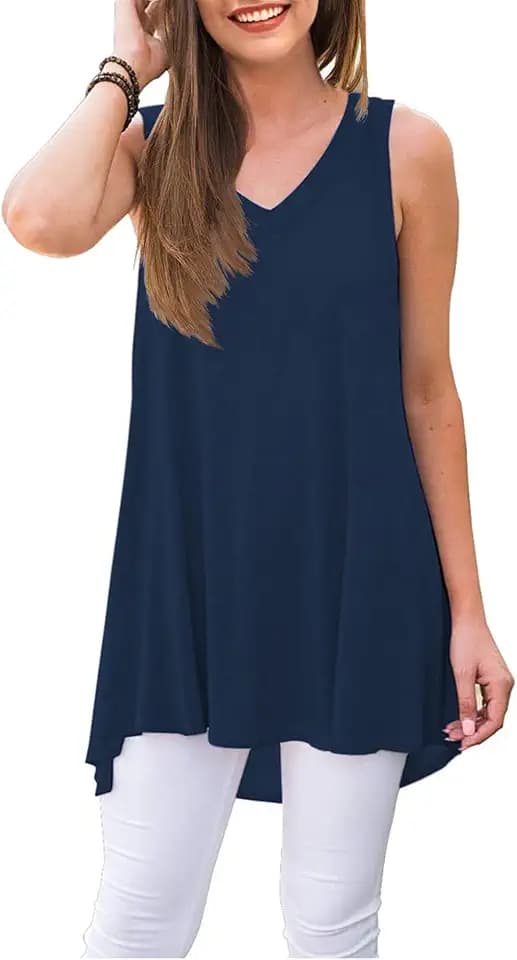 WNEEDU Women's Summer Long Sleeveless Tank Tops V Neck Tunic Casual T-Shirt