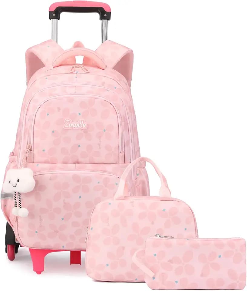 3Pcs Rolling Backpack for Girls, Flower Backpack with 6 Wheels, Wheeled Trolley School Bags for Kids, Teen Girls Carry-On Bookbags