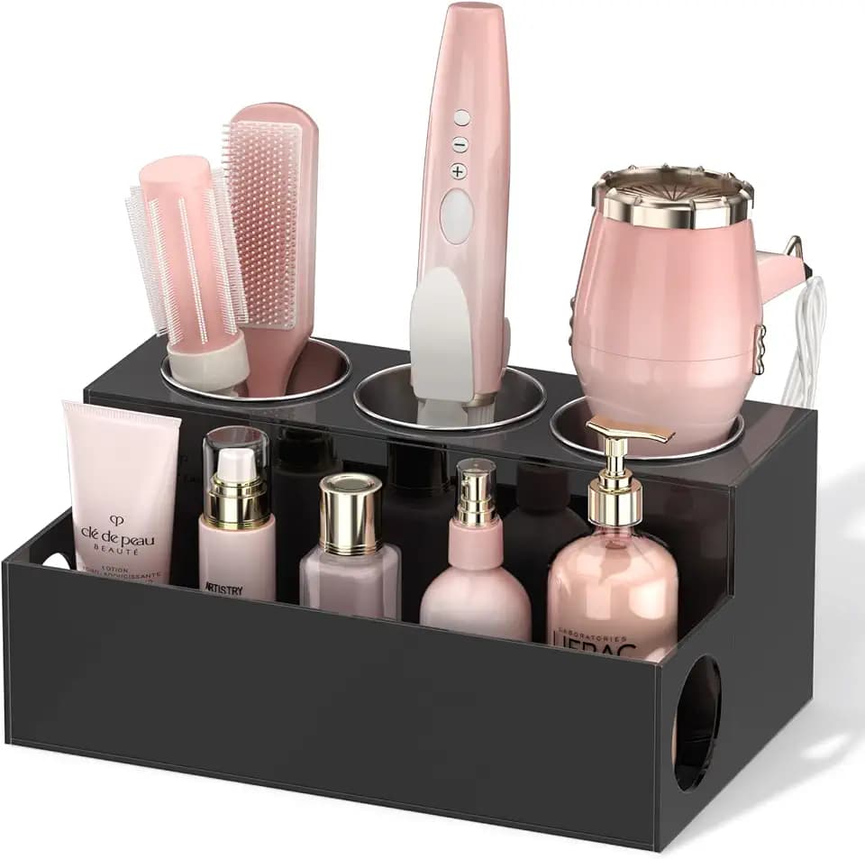 NIUBEE Haar-Werkzeug-Organizer, schwarzer Acryl-Haartrockner und Styling-Organizer, Badezimmer-Aufsatz-Föhn-Halter, Kosmetik-Caddy Aufbewahrungsständer für Zubehör, Make-up, Toilettenartikel