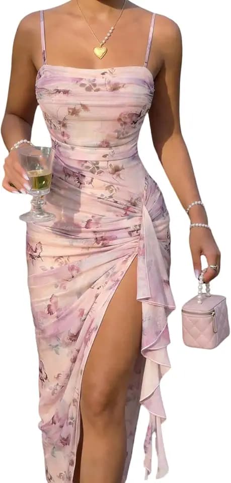 SweatyRocks Hochzeitsgast Kleid Damen Sommer Maxikleid Mit Blumenmuster Trägerkleid Mesh Sommerkleid Mit Schlitz Abschlusskleider Abendkleider
