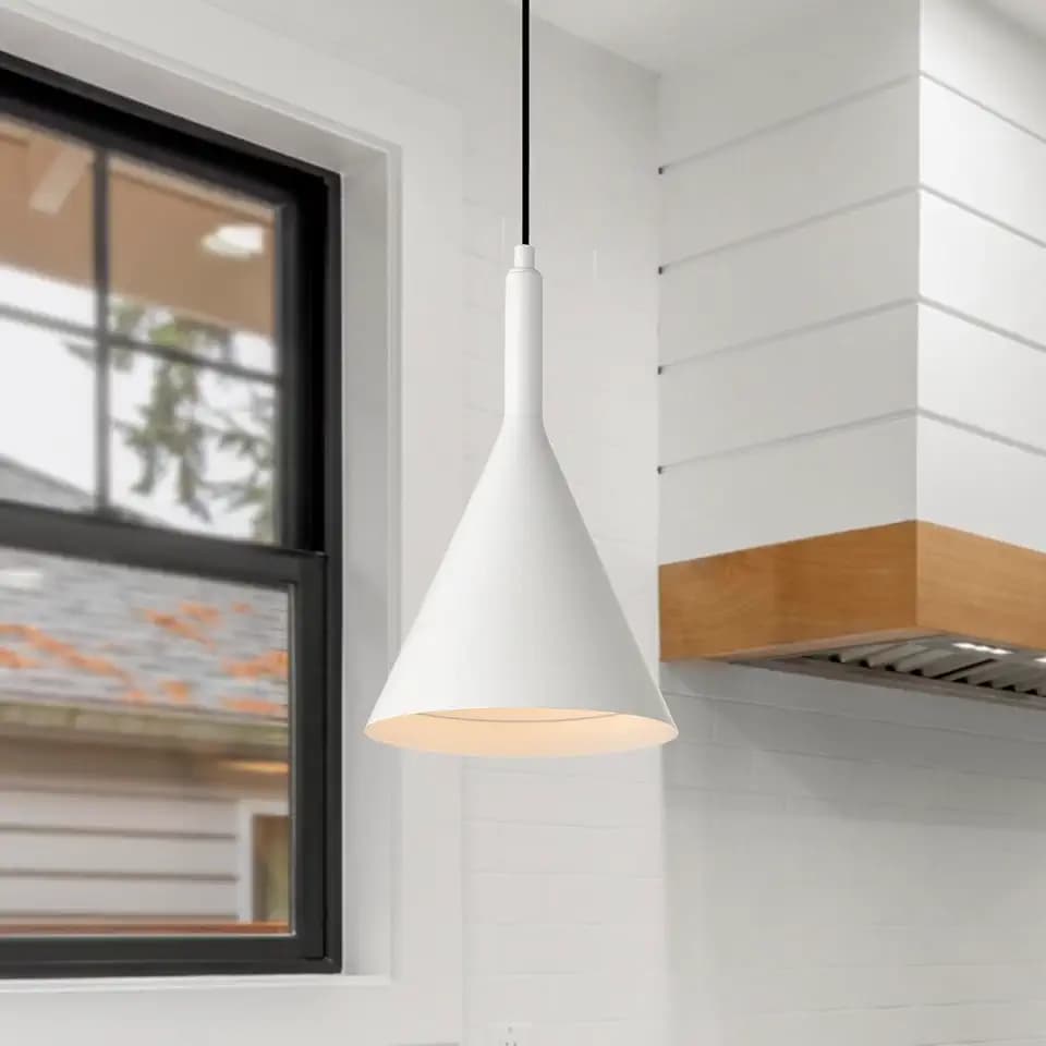 Edvivi 1-Light Pendant Light Modern Farmhouse White Ceiling Light with White Metal Cone Shade, Adjustable Hanging Light Fixture for Kitchen Island, Dining, Bedroom, 7.8 in.