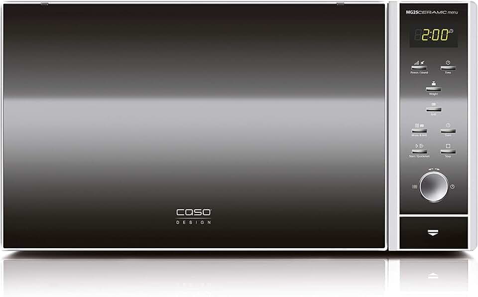 CASO MG25 Ceramic menu, 2-in-1 Mikrowelle mit Grill | Boden mit Mikrowellenreflektor, kein Drehteller, Grillrost für 2 Ebenen, 900 W, 1000 W Grill, 25 L, Sound on/off, Edelstahl verspiegelt