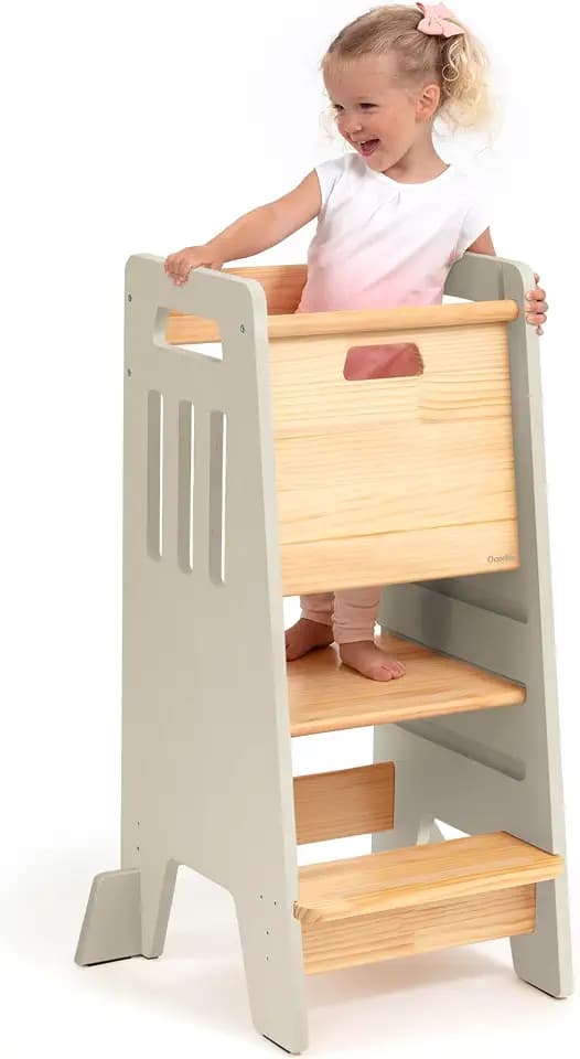 Toddler Tower with Sliding Door - 3 Adjustable Heights - 2026 Design Ivory