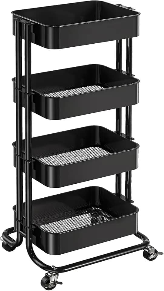 Pipishell 4 Tier Metal Rolling Utility Cart with 2 Lockable Wheels, Black