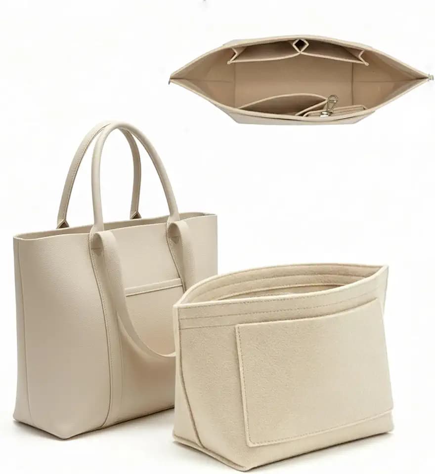 Taschen Organizer Shopper, Handtaschen Organizer mit Multi-Pocket, Filz Tascheneinsatz für Tote Bags, Mommy bag, Einkaufstasche, Shopper, Beige, L