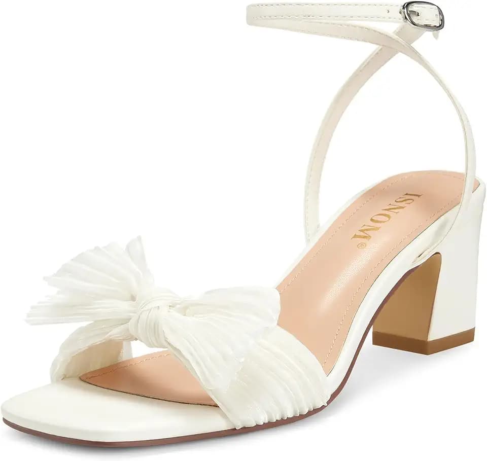 ISNOM Women's Bow Knot Heeled Sandals Square Toe Ankle Strap Dress Shoes