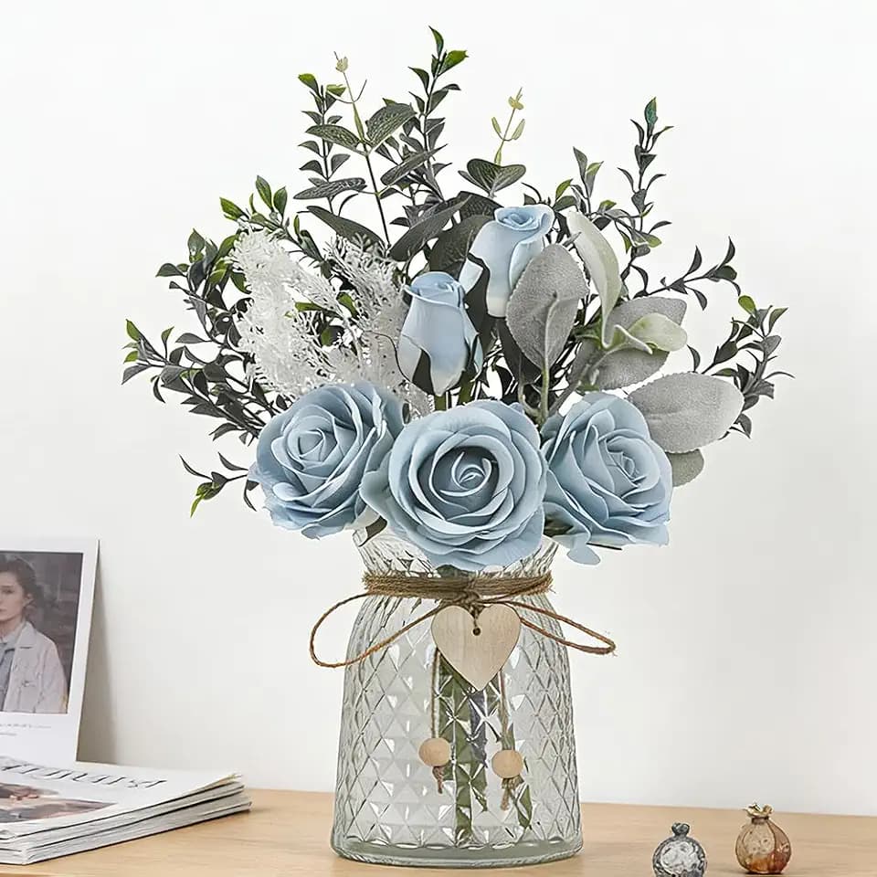 Fake Flowers with Vase Silk Rose Flowers in Vase Eucalyptus Flowers Arrangement Suitable for Home Office Decoration, Dining Table Centerpiece (Rose-Blue)