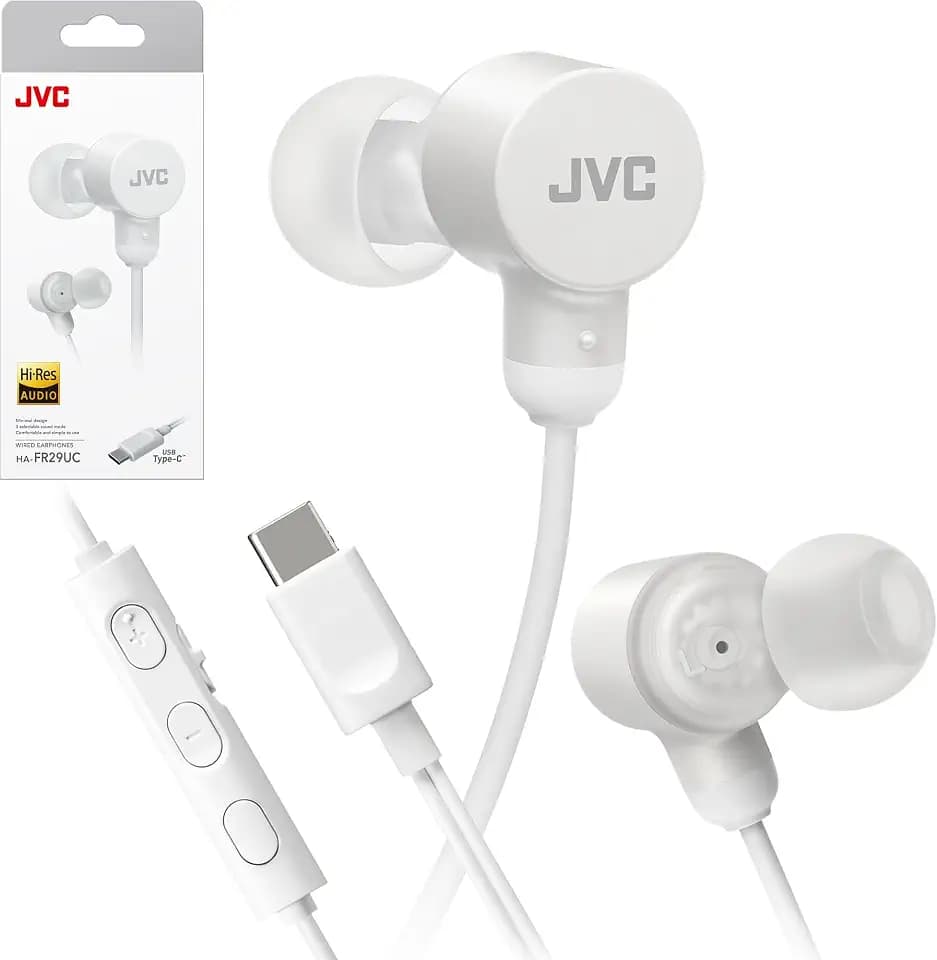 JVC Wired USB-C Earbuds - Noise Isolation - DAC - Hi-Res Audio - Built-in Mic with Mute - Comfortable Silicone Ear Tips - 3 Button Remote – Plug & Play - HAFR29UC