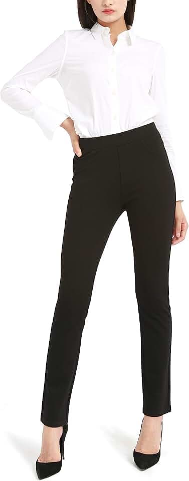 Bamans Damen Schwarze Hose mit Zwei Taschen, Straight Leg Anzughose Stretch Elasticated Casual (Schwarz, Medium)