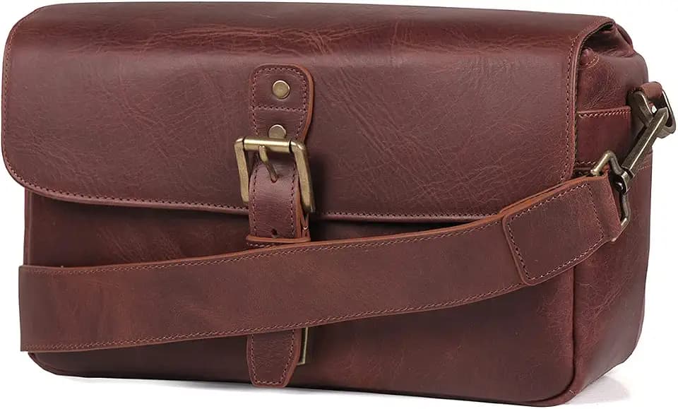 MegaGear Torres Genuine Italian Leather Camera Messenger Bag – Vintage Crossbody for Mirrorless, DSLR & Instant Cameras – Compatible with Canon, Sony, Fuji, Leica, Nikon + 2 Lenses – Adjustable Strap