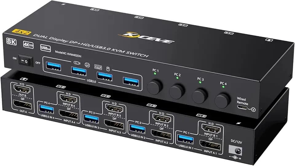 KVM Switch 4 PC 2 Monitore HDMI Displayport 8K@60Hz 4K@144Hz, USB 3.0 KVM Switch Dual Monitor for 4 PC teilen sich Tastatur, Maus und Drucker, mit Wired Remote
