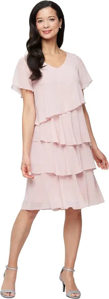 S.L. Fashions Women's V-Neck Chiffon Cocktail Dress with Beaded Shoulders and Asymmetrical Tiers