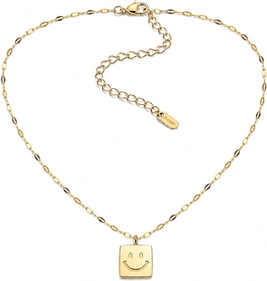 Smiley Face Necklace for Women, 18K Gold Plated 316L Stainless Steel I Am Enough Necklace, Double-Sided Square Pendant, Waterproof Tarnish-Resistant Inspirational Jewelry