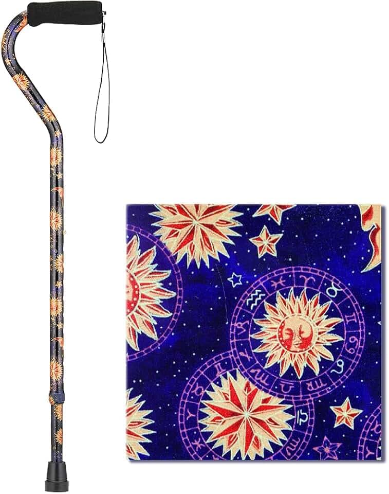 Nova Joy Designer Offset Walking Cane for Seniors - Unisex Adjustable Lightweight Aid with Foam Handle, Wrist Strap and Anti-Rattle Lock - Essential Mobility Support - Celestial