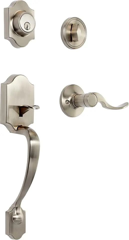 Amazon Basics Front Door Lock Set, Handleset with Shelby Lever, Single Cylinder, Easy to Install, Satin Nickel