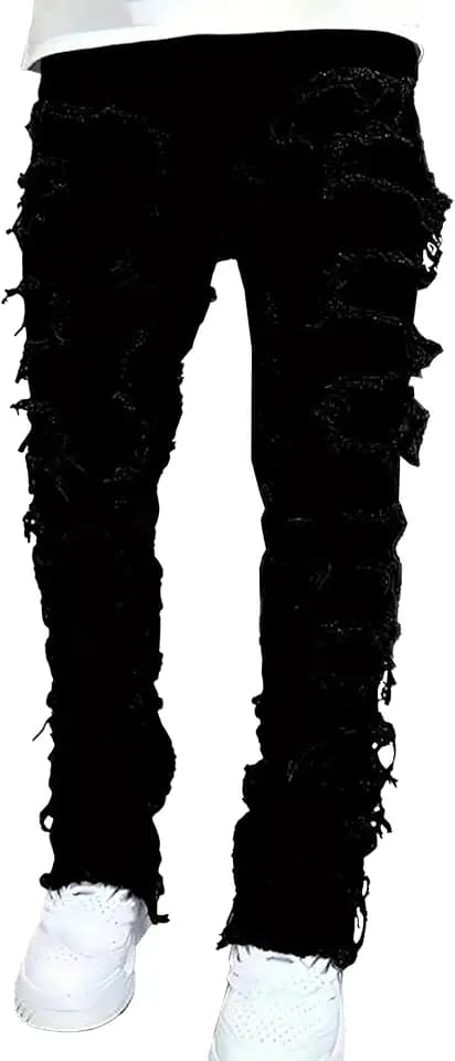 Stretch Stacked Jeans Mens Slim Fit Ripped Patchwork Frayed Straight Leg Denim Pants Distressed Skinny Flared Trousers