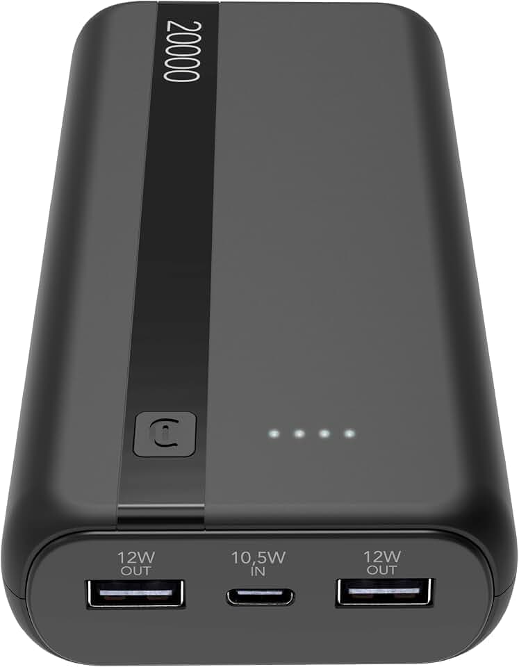 Cellularline - Power Bank 20000 - Kapazität: 20.000mAh - Input: 1xUSB-C 10.5W - Output: 1xUSB 12W - Zellen: Li-ion Battery - Helle LEDs Zeigen den Reststrom an - Schwarz