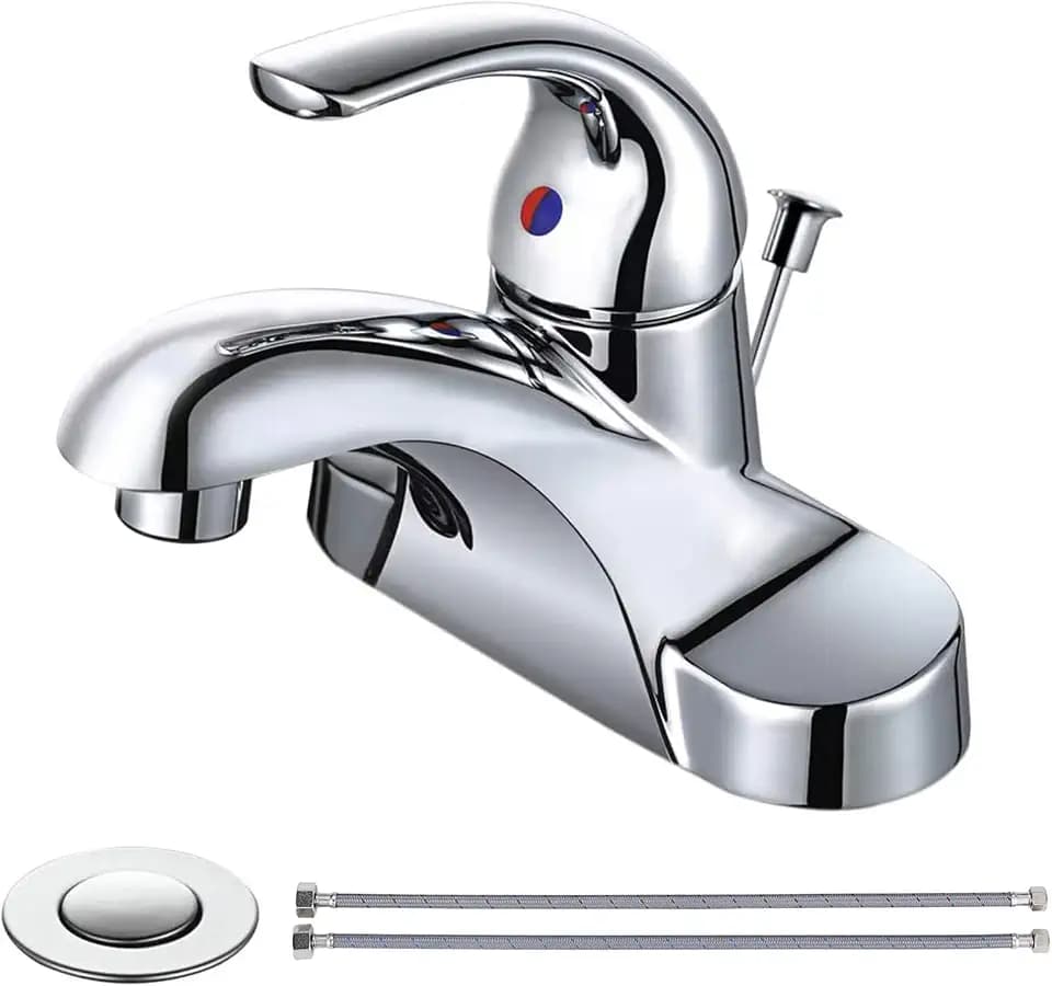 WOWOW Bathroom Faucet 1 Handle Low Arc Single Handle 4 inch Centerset Bathroom Sink Faucet with Lift Rod Drain Assembly Basin Mixer Tap Chrome Vanity Taps