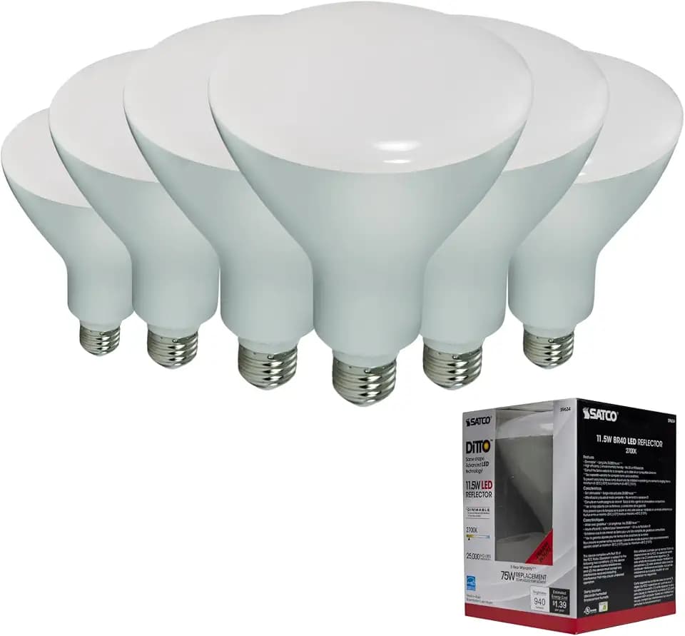 Satco S9634 11.5W BR40 LED Bulb, 2700K Warm White, 940 Lumens, 103 Beam Angle, Dimmable, E26 Medium Base, 6 Pack