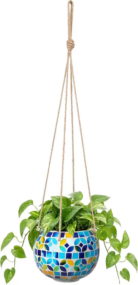 Ceramic Hanging Planter, Small Blue Flower Plant Pot Indoor Decor