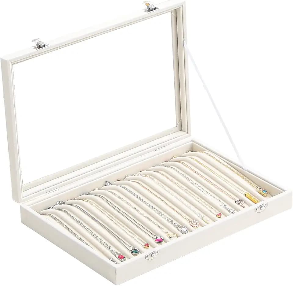 14 Haken Halsketten-Aufbewahrungstablett, Samt-Halsketten-Organizer-Box mit transparentem Deckel, Schmuck-Organizer-Schubladenablage für Anhänger und Halsketten, für Damen und Mädchen (Beige)