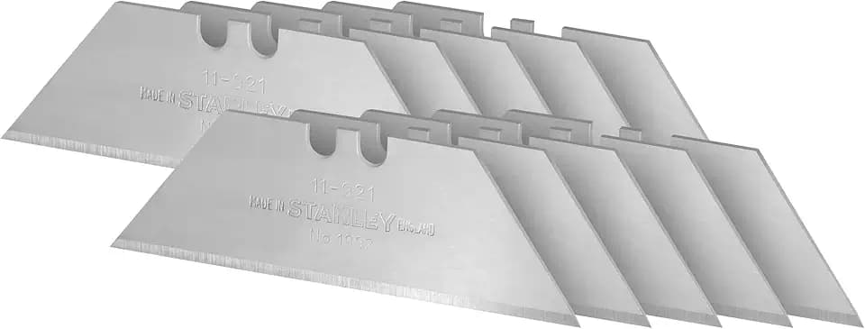 Stanley Trapezklingen 1992 (ohne Lochung, 62mm Klingenlänge, für allgemeine & schwere Schneidarbeiten in Teppich & Vinyl, 10 Stück im Spender) 2-11-921, Silber