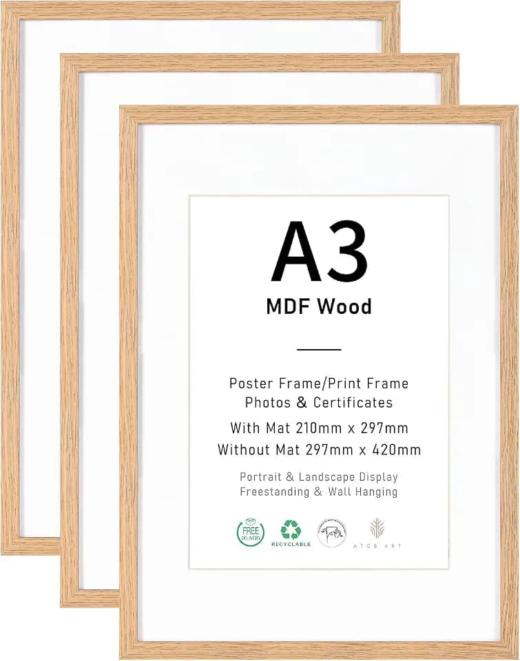 ATOBART Bilderrahmen A3 MDF Holz Natur, 29.7x42cm, 3er Set