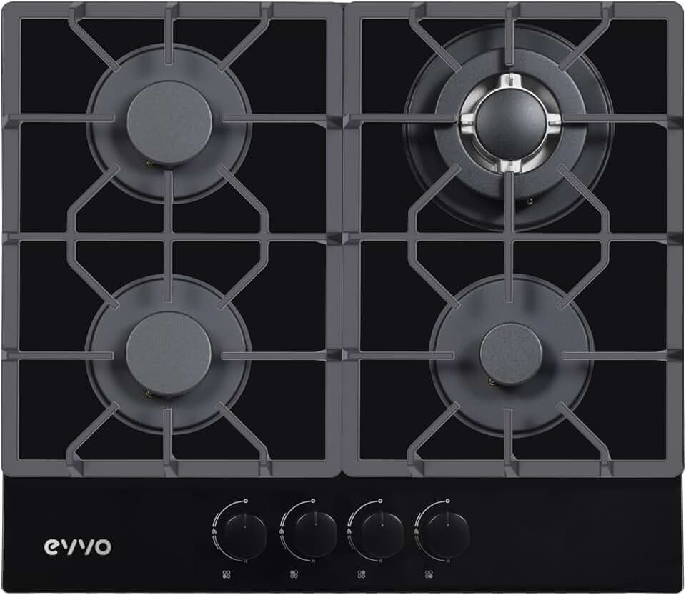 EVVO V70 Glas-Gaskochfeld, 4 Brenner mit Wok-Aufsatz, schwarzes Sicherheitsglas, elektrische Zündung, Erdgas/Butan