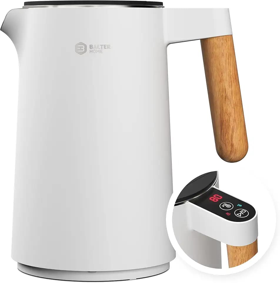BALTER Edelstahl Wasserkocher mit Temperatureinstellung, 40°C-100°C, Doppelwand, BPA frei, leise & kabellos, Kettle, Teekocher mit Temperaturwahl, 1.5L, 2200W, Grau