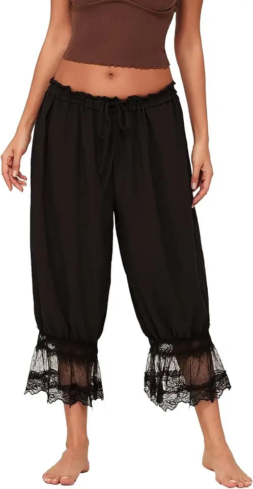 Women Ruffle Long Bloomers Lace Trim Pantaloons Bloomer Pants