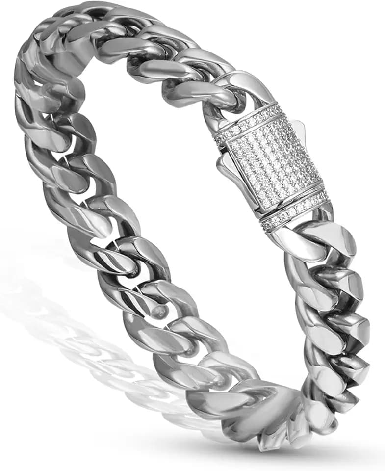 12mm Miami Cuban Link Bracelet 14K REAL Gold Plated Hypoallergenic Premium Stainless Steel Hip Hop Jewelry For Men Women Father Day Birthday Gift (No Color Fade, Double-sided Iced Out Clasp)