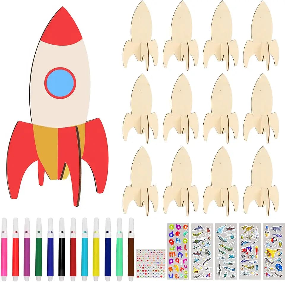 Augesak Raketen Holz Bastelset, 12 Stück Rakete Bastelset zum Bemalen und Basteln DIY, 3D Puzzle Rakete Holzbastelsets Geburtstag, Raketen Holz Basteln Handwerk