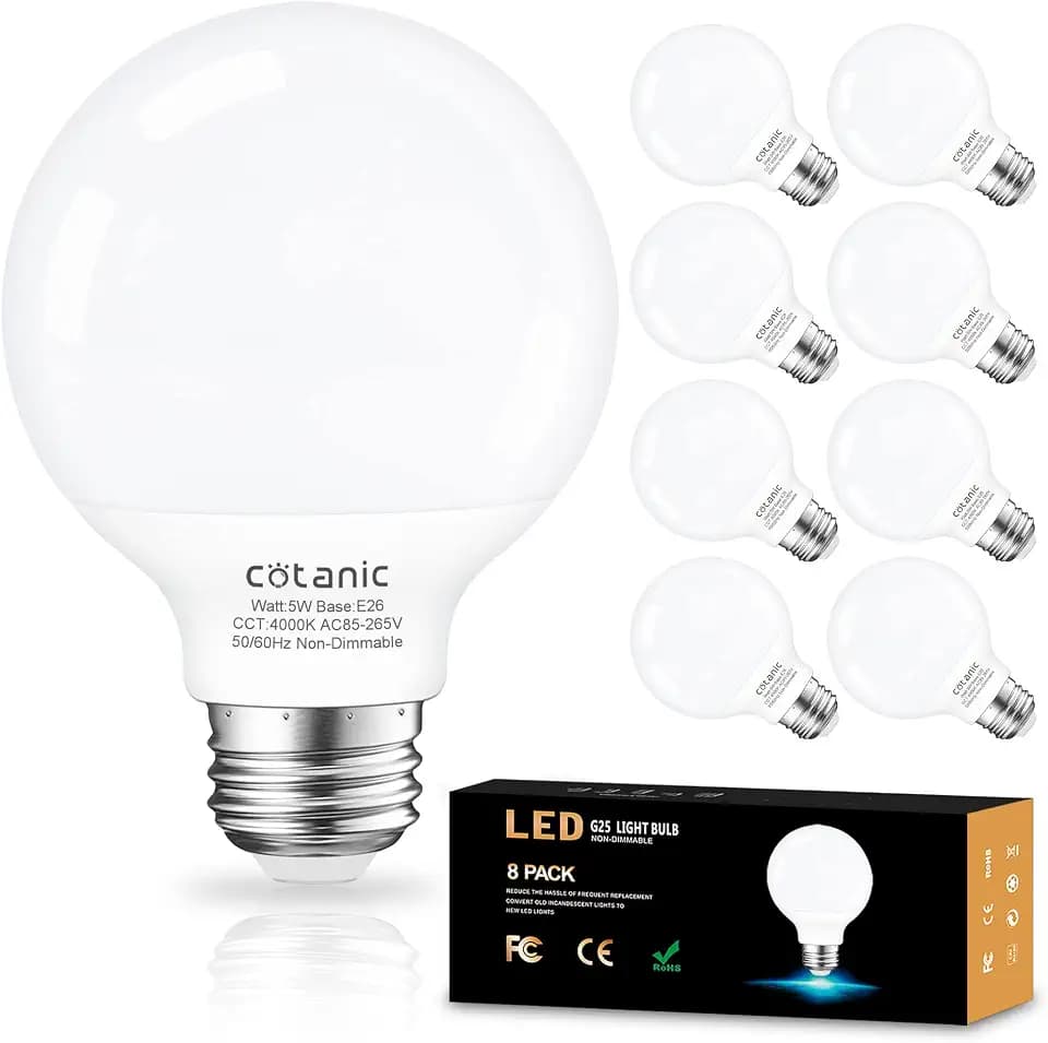 Cotanic 8 Pack G25 LED Globe Light Bulbs 4000K Daylight E26 Base 60W