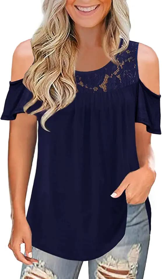 Womens Summer Cold Shoulder Tunic Tops Sexy Casual Short Sleeve Scoop Neck Lace Pleated T Shirts Blouse