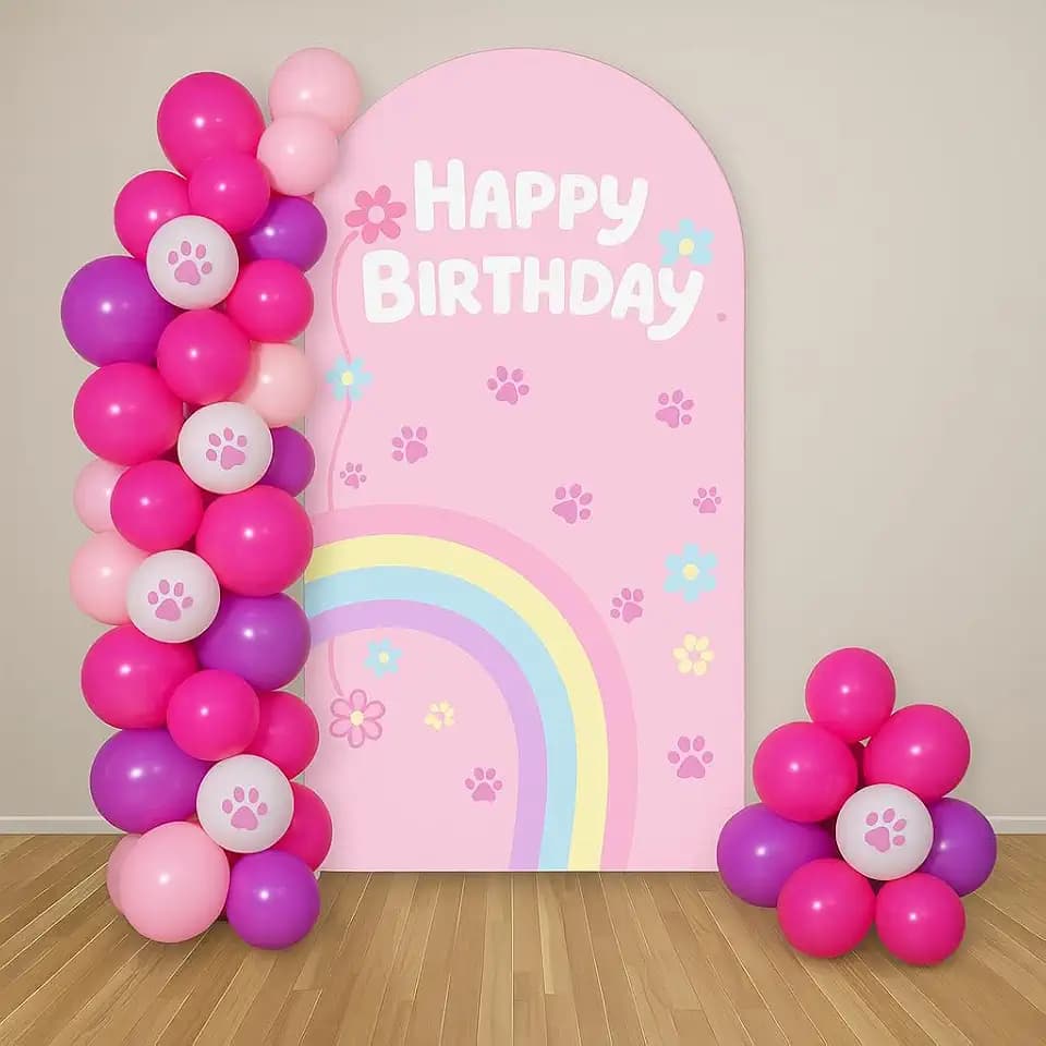 Pink Happy Birthday Arch Backdrop, Pastel Rainbow and Paw Print Party Decorations, Cute Floral Kids Birthday Arch Backdrop for Girl Photo Booth and Baby Shower (7.2FT)