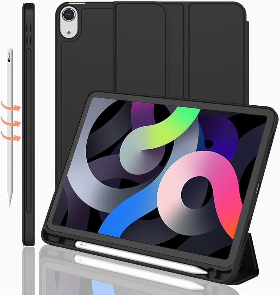 iMieet iPad Air 11 Inch Case M4/M3/M2(2026/2025/2024), iPad Air 5th/4th Generation Case 2022/2020 10.9 Inch with Pencil Holder,Trifold Stand Smart Case with Soft TPU Back(Black)