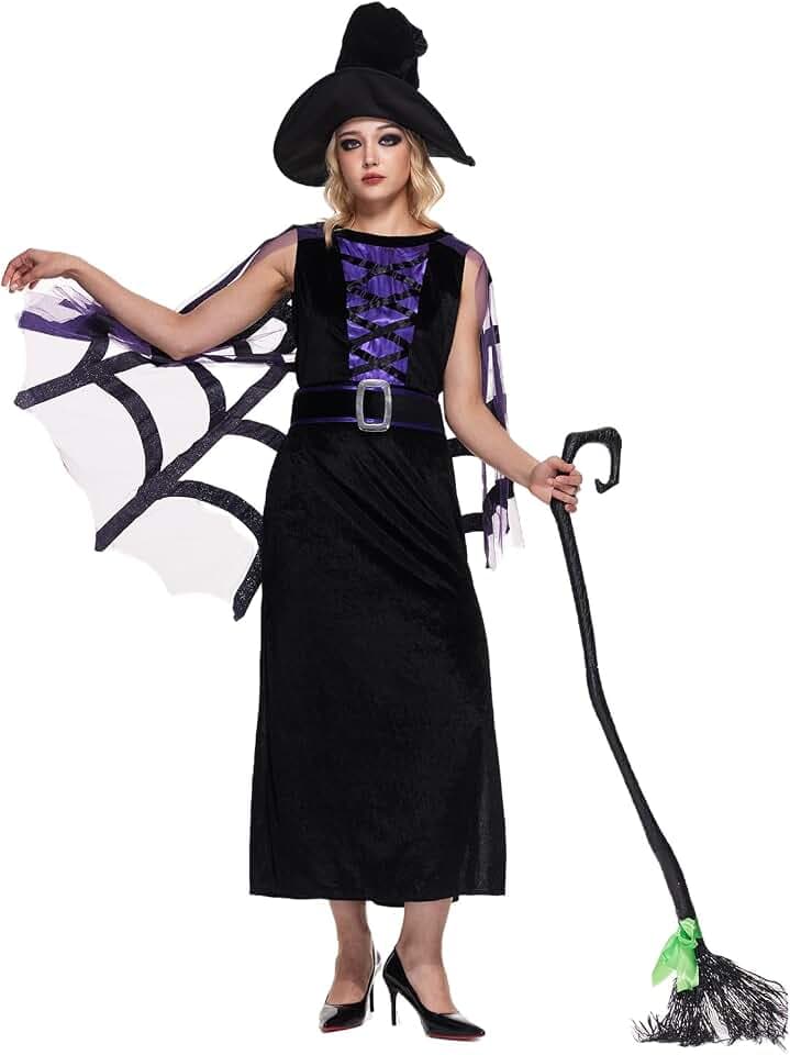 EraSpooky Elegantes Hexenkostüm für Damen Halloween Schwarzes Kleid mit Lila Schnürung Spinnennetz Cape und Hexenhut