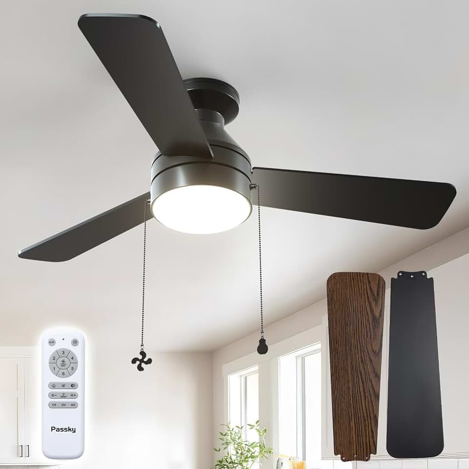 Passky 42 Inch Black Low Profile Ceiling Fan with Light, Pull Chain&Remote